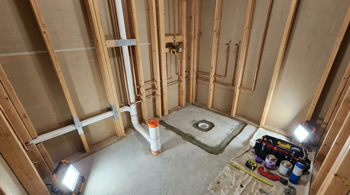 Bathroom rough-in plumbing during remodel by Johns Plumbing LLC in Laramie