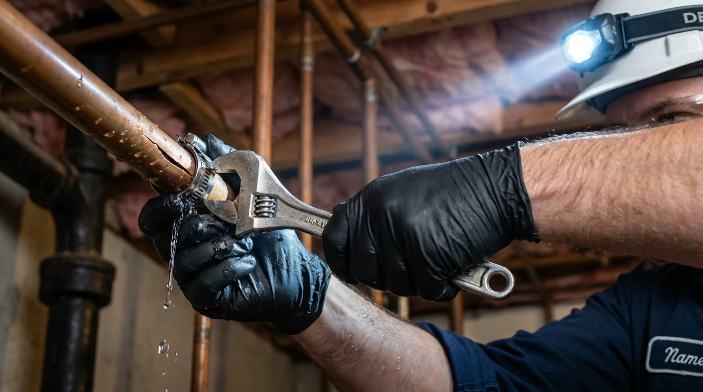 Emergency pipe clamp repair being performed by a Johns Plumbing LLC plumber in Laramie