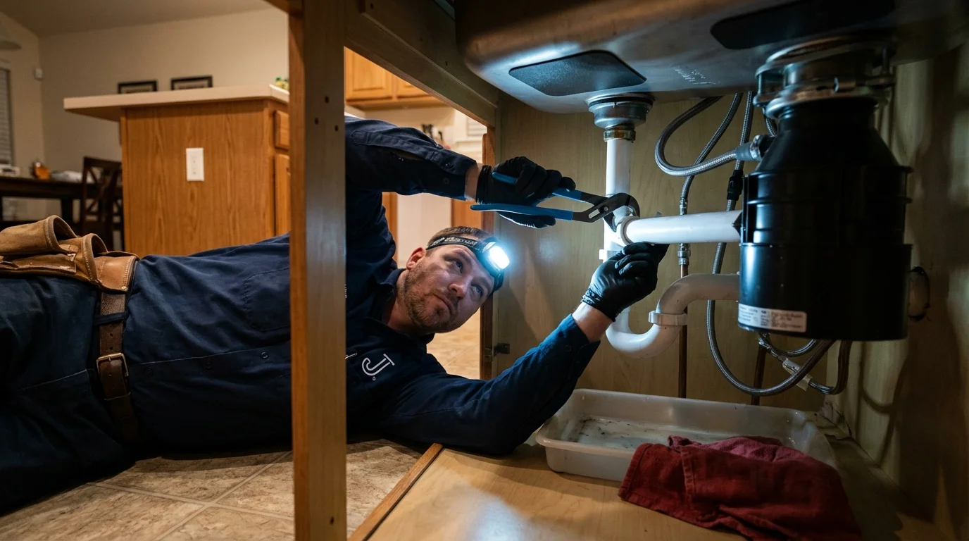 P-trap and supply line connections under a kitchen sink showing a common leak point in Laramie, WY